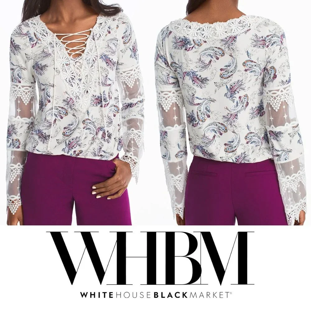 White House Black Market Floral Lace Up Top Embroidered Blouse Multicolor XS